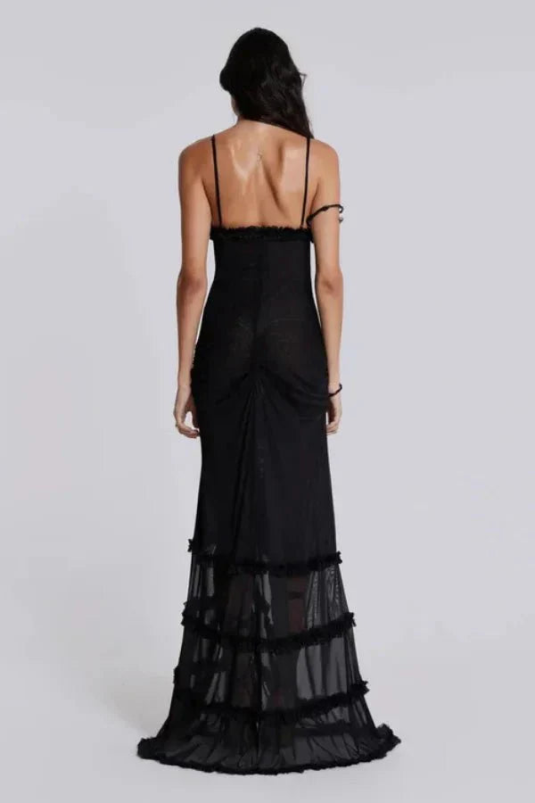 Camila | Damen Bedrucktes Maxikleid Mit Spaghettiträgern Und Cut-Out Detail