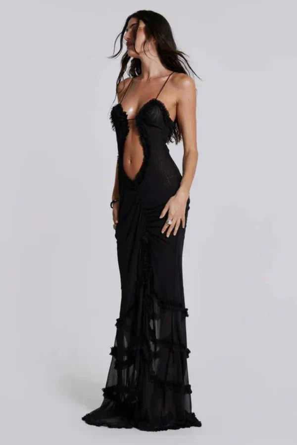Camila | Damen Bedrucktes Maxikleid Mit Spaghettiträgern Und Cut-Out Detail