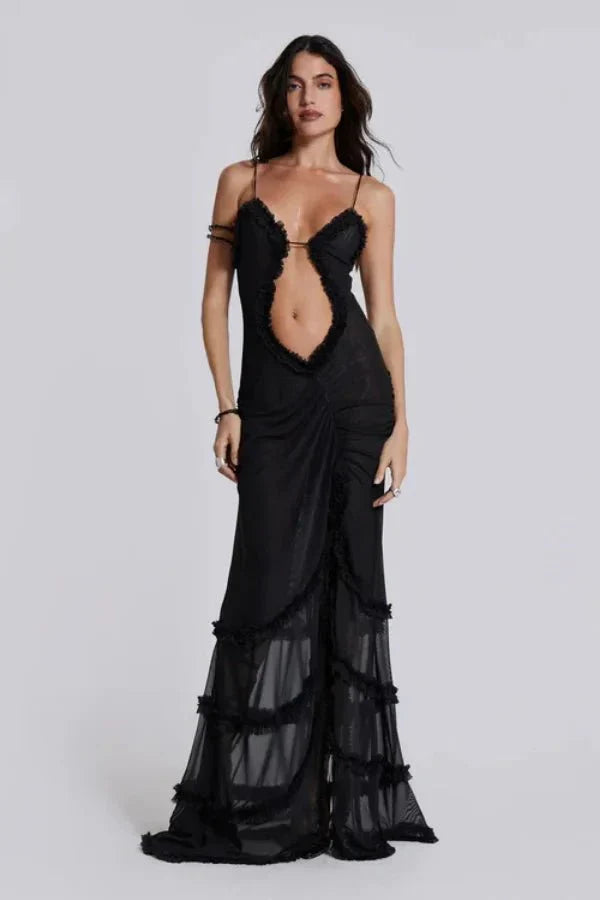 Camila | Damen Bedrucktes Maxikleid Mit Spaghettiträgern Und Cut-Out Detail