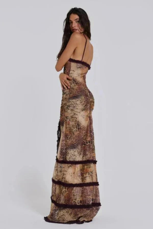 Camila | Damen Bedrucktes Maxikleid Mit Spaghettiträgern Und Cut-Out Detail
