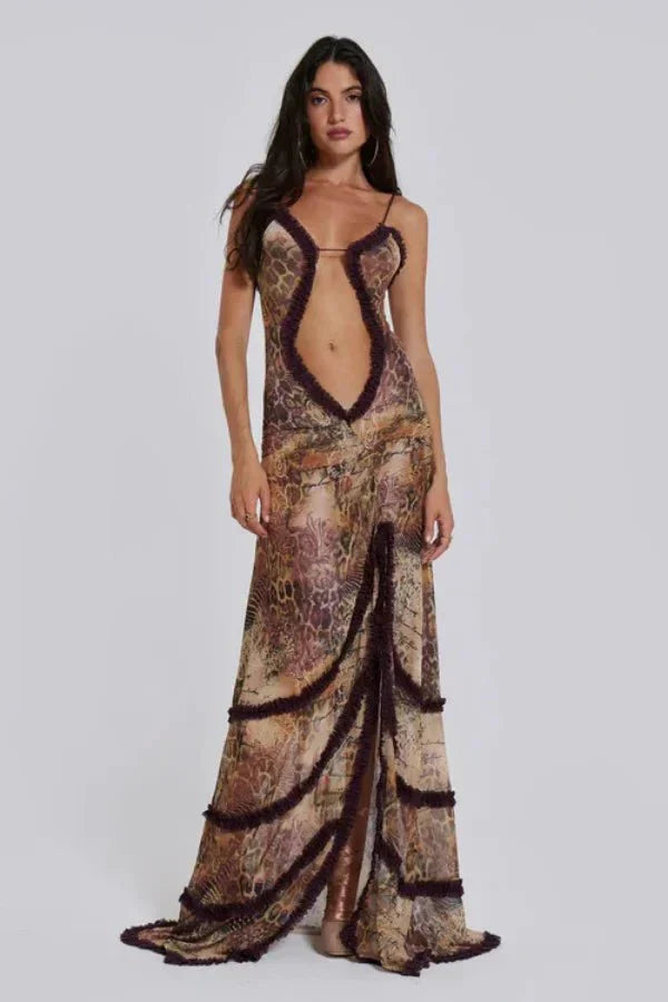 Camila | Damen Bedrucktes Maxikleid Mit Spaghettiträgern Und Cut-Out Detail
