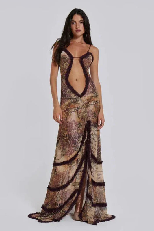 Camila | Damen Bedrucktes Maxikleid Mit Spaghettiträgern Und Cut-Out Detail