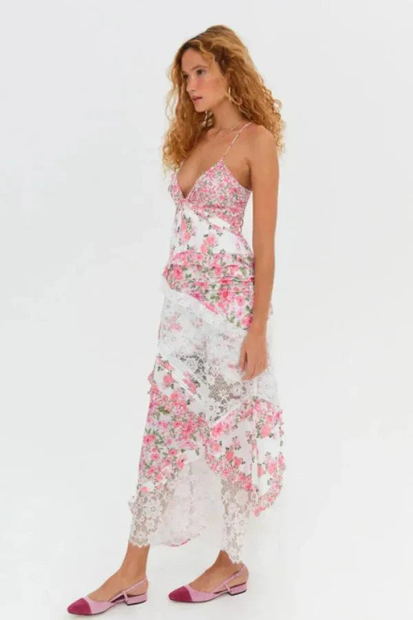 Luna | Damen Maxikleid Mit Blumenprint Und Spitzeneinsatz