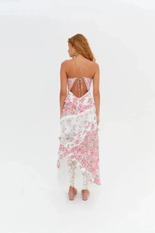 Luna | Damen Maxikleid Mit Blumenprint Und Spitzeneinsatz