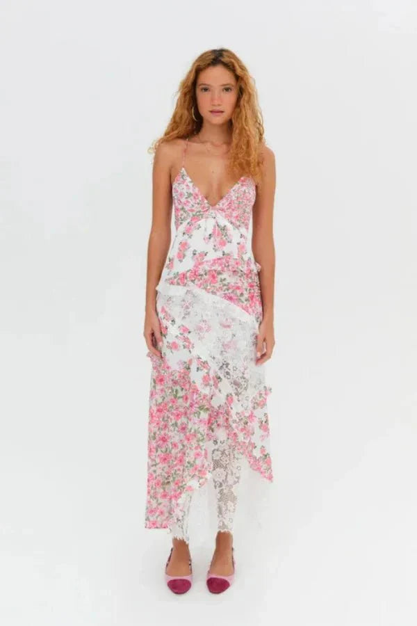 Luna | Damen Maxikleid Mit Blumenprint Und Spitzeneinsatz