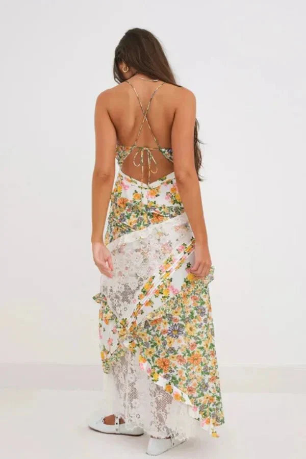 Luna | Damen Maxikleid Mit Blumenprint Und Spitzeneinsatz