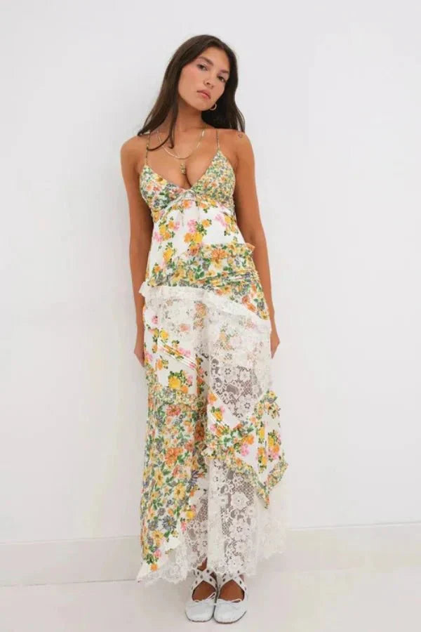 Luna | Damen Maxikleid Mit Blumenprint Und Spitzeneinsatz