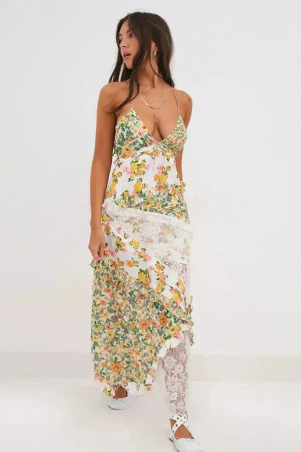 Luna | Damen Maxikleid Mit Blumenprint Und Spitzeneinsatz
