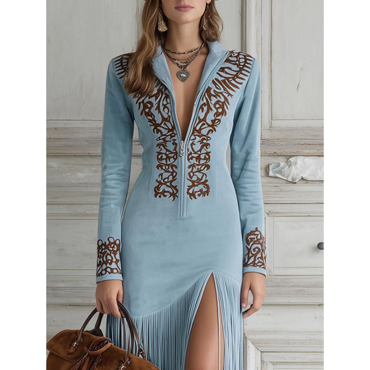 Celeste | Damen Langarm Maxi Kleid Mit Fransen
