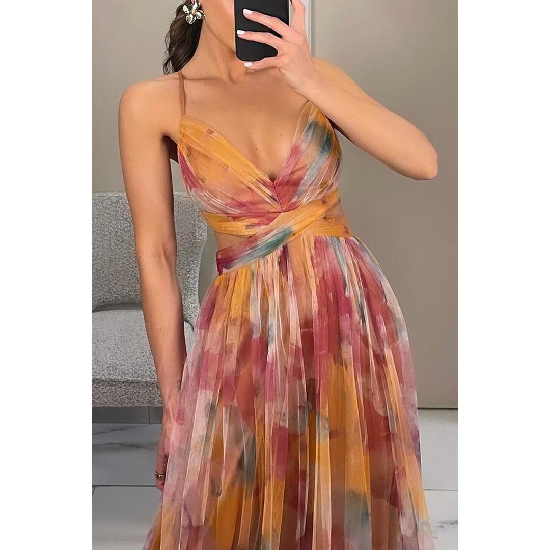 Isabelle | Blumenprint Maxi Kleid Mit V-Ausschnitt Und Spaghettiträgern