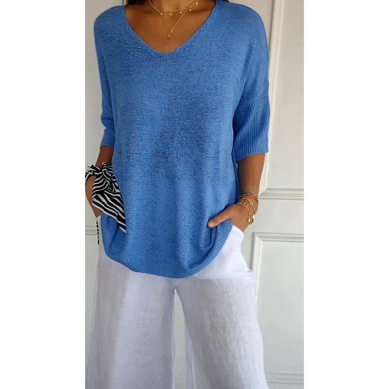 Lucille | Damen Stricktop Mit V-Ausschnitt Und Dreiviertelärmeln