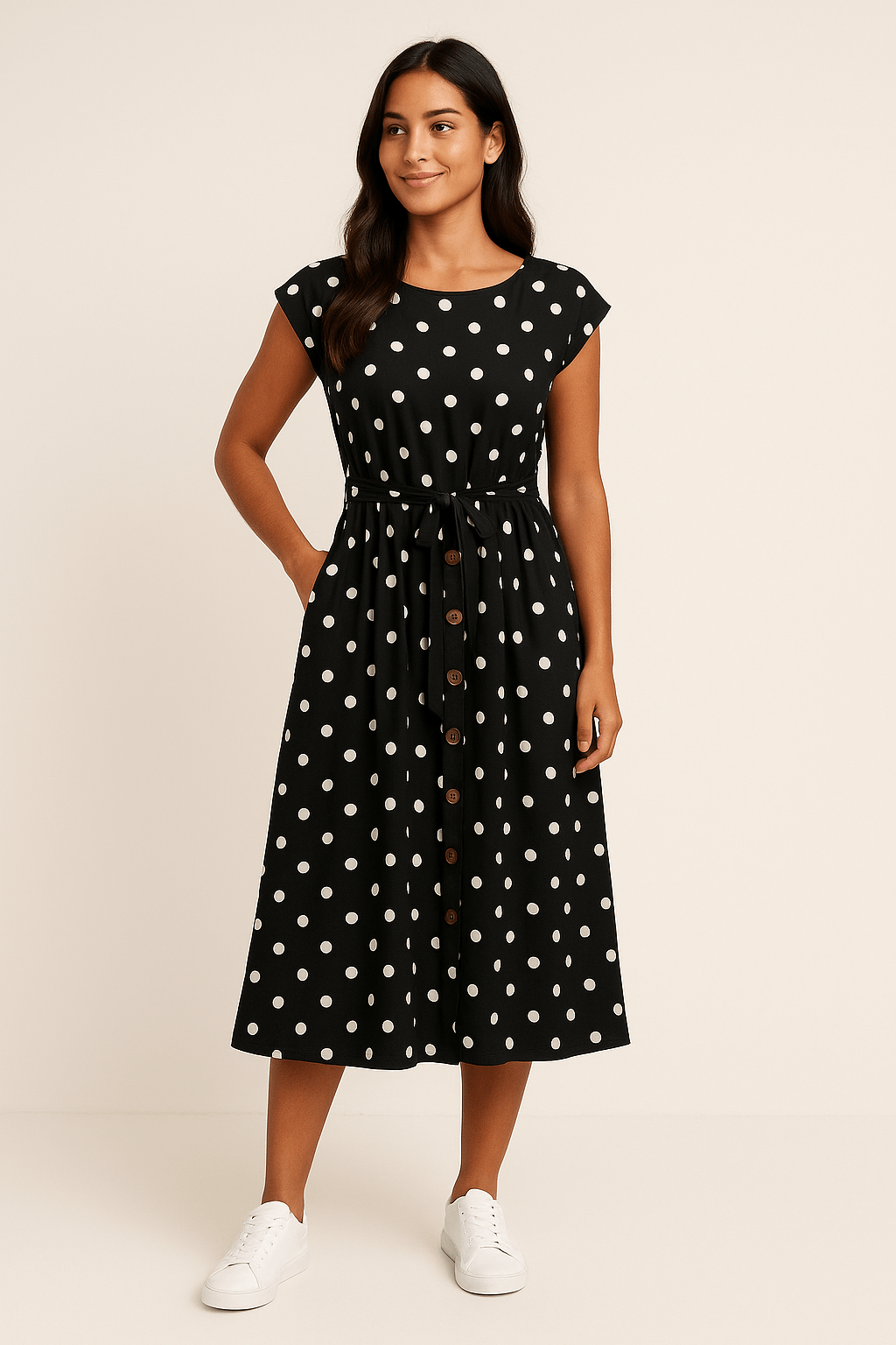 HERBERGER | Damen Midikleid mit Punktemuster und Bindegürtel