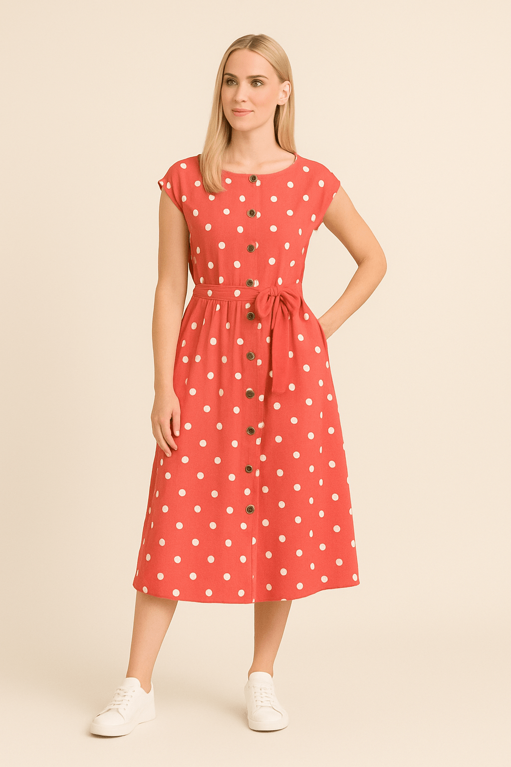 HERBERGER | Damen Midikleid mit Punktemuster und Bindegürtel