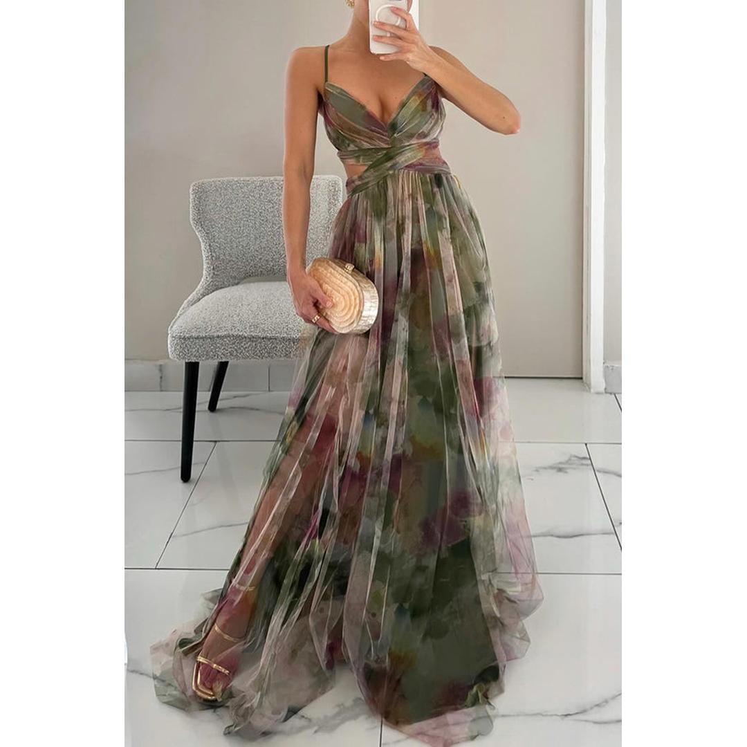 Isabelle | Blumenprint Maxi Kleid Mit V-Ausschnitt Und Spaghettiträgern