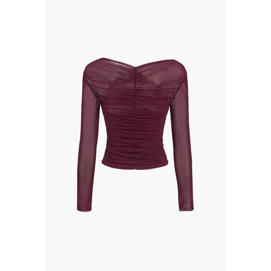 Ava | Damen Enganliegendes Mesh Top Mit Raffung Und Langarm