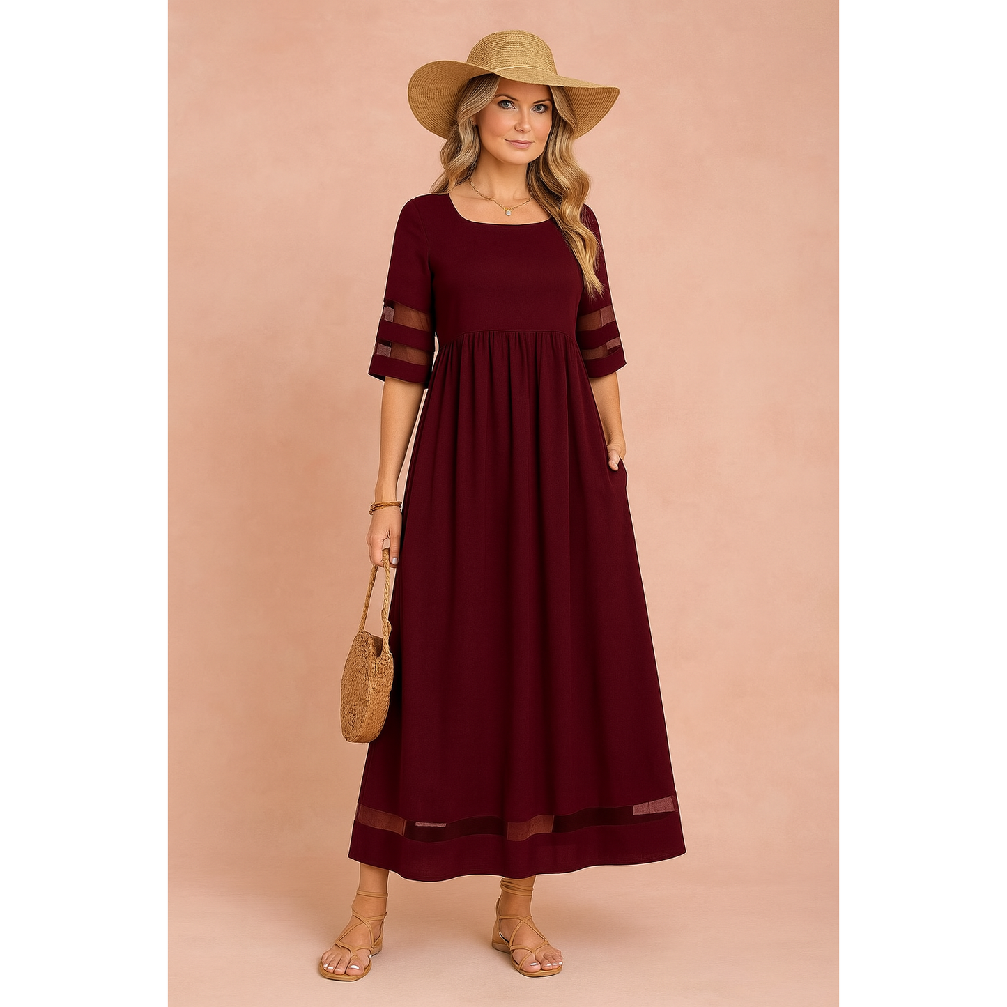 Brianna | Damen Kurzarm Maxikleid Mit Transparentem Einsatz
