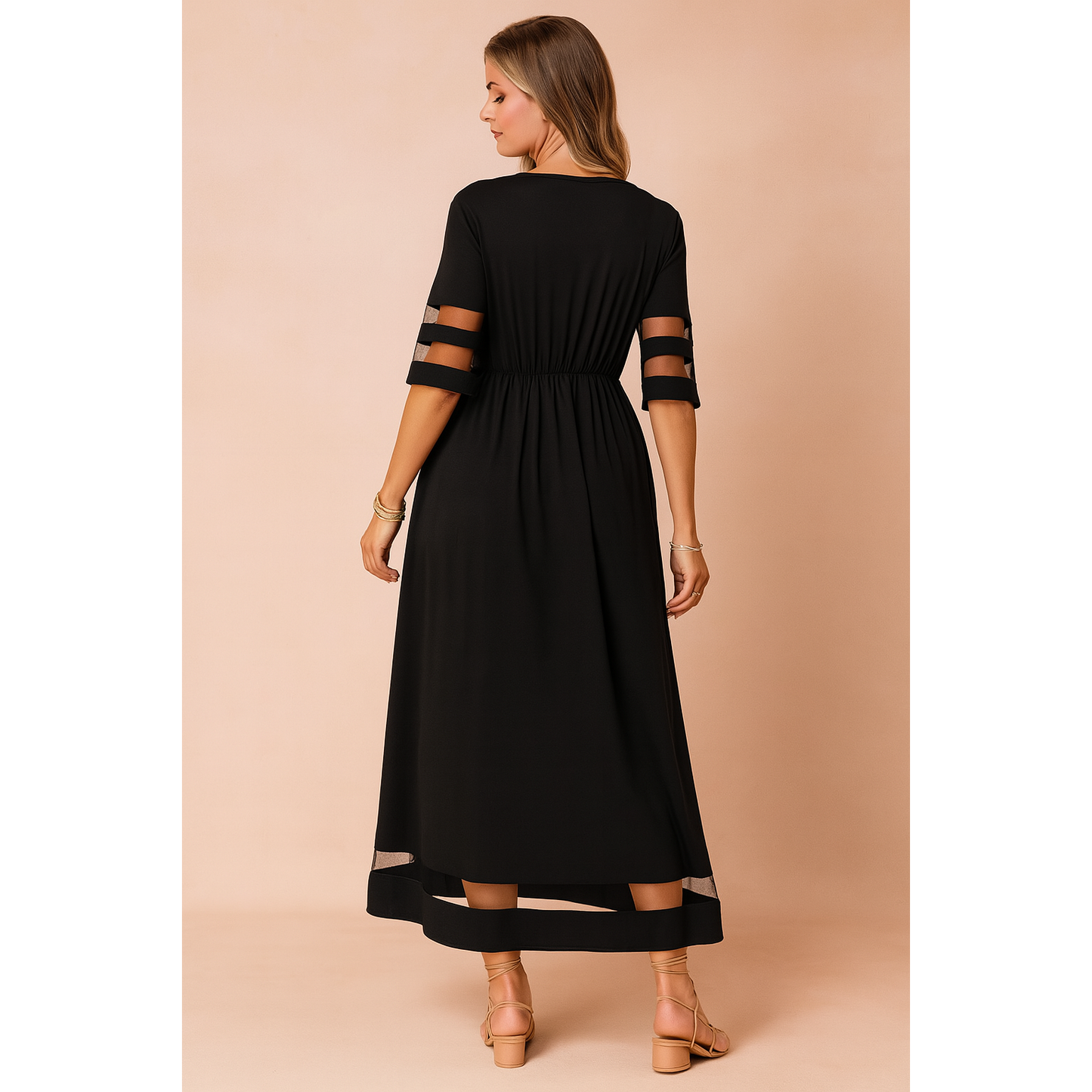 Brianna | Damen Kurzarm Maxikleid Mit Transparentem Einsatz