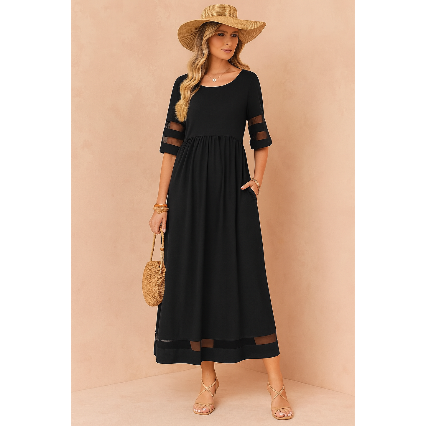 Brianna | Damen Kurzarm Maxikleid Mit Transparentem Einsatz