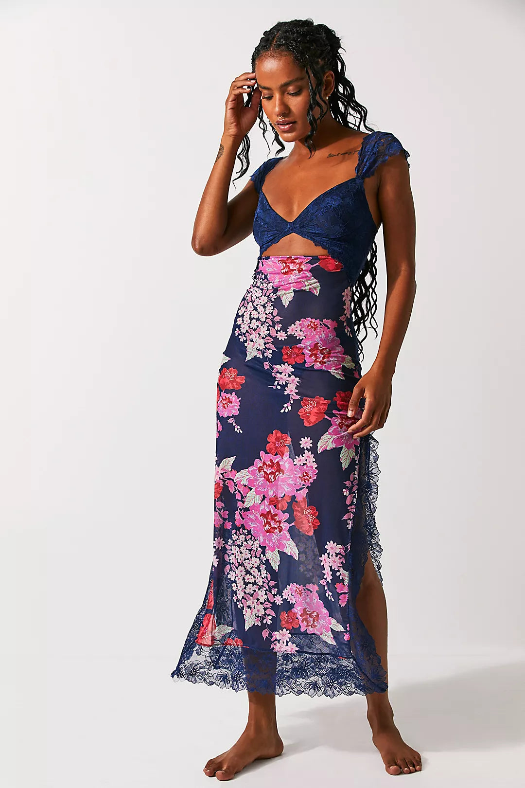 Elena | Damen Maxikleid Mit Blumenprint Und Spitzenbesatz