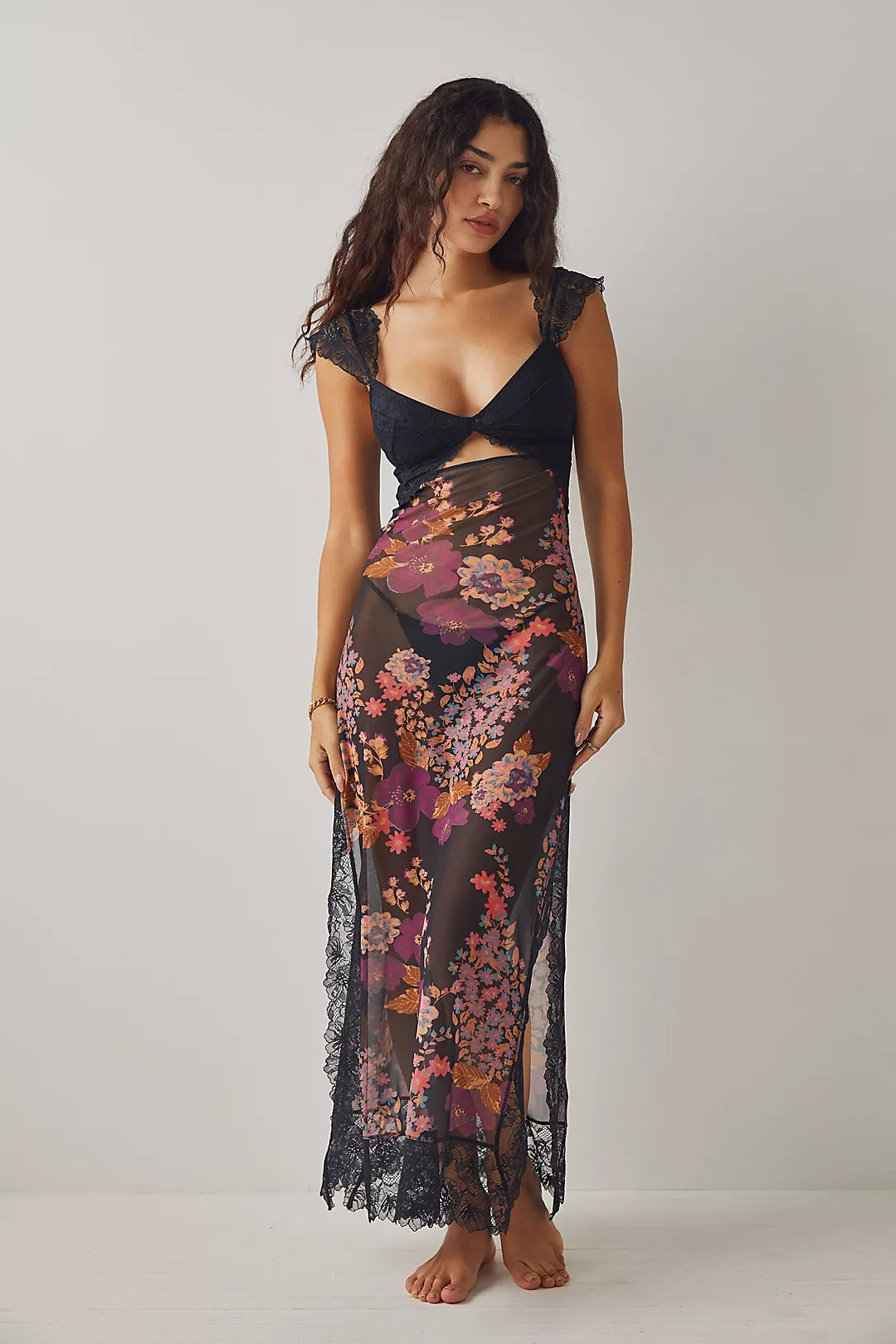 Elena | Damen Maxikleid Mit Blumenprint Und Spitzenbesatz