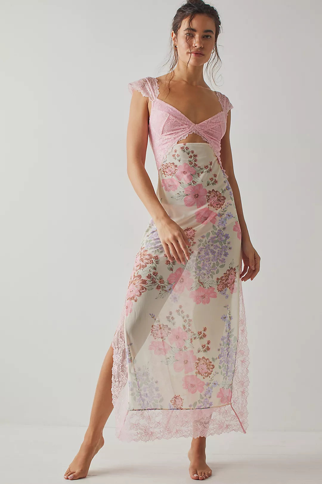 Elena | Damen Maxikleid Mit Blumenprint Und Spitzenbesatz