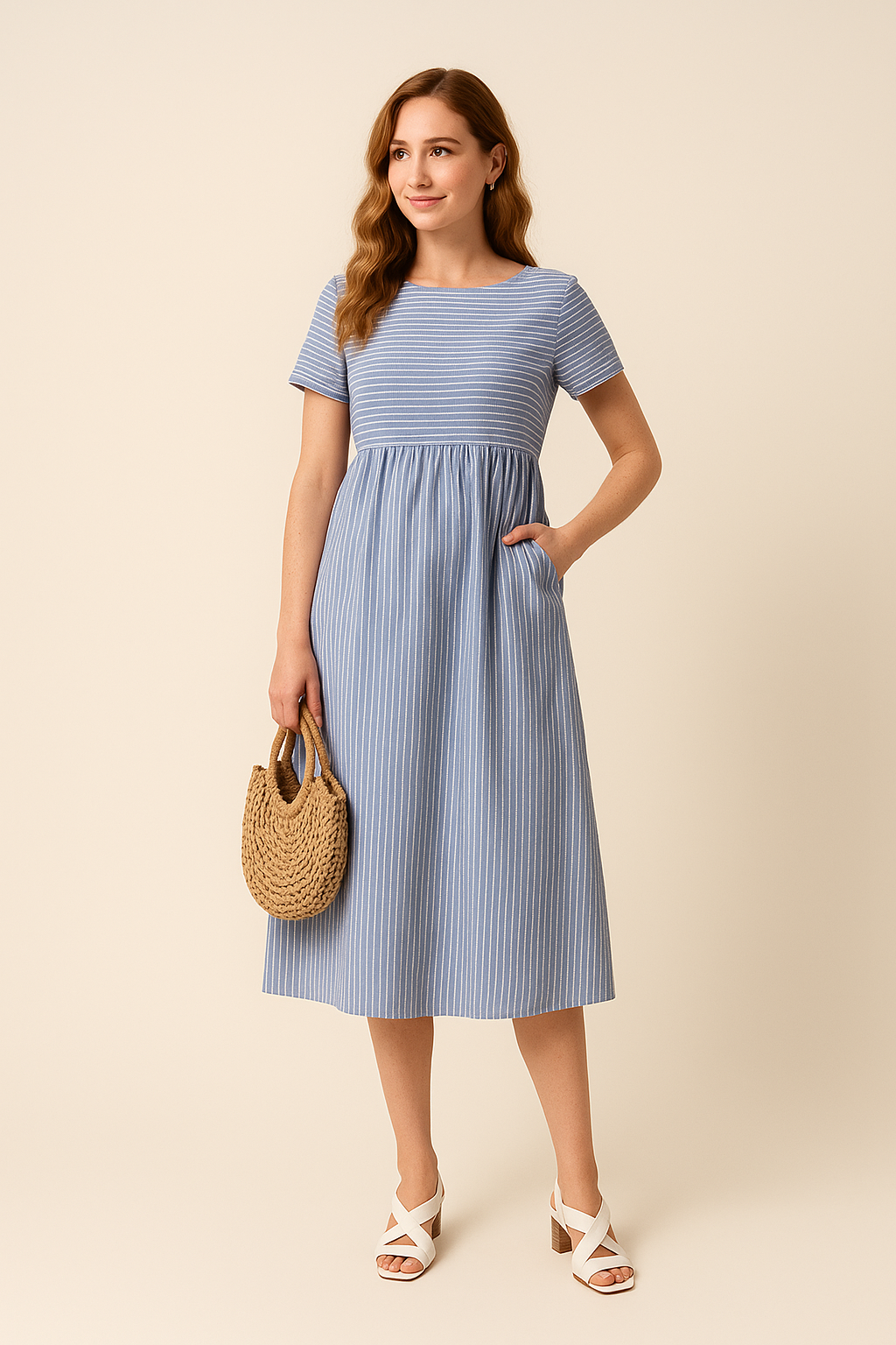 HERBERGER | Sommerliches Damen Midikleid in Baumwolloptik mit schulterfreiem Schnitt