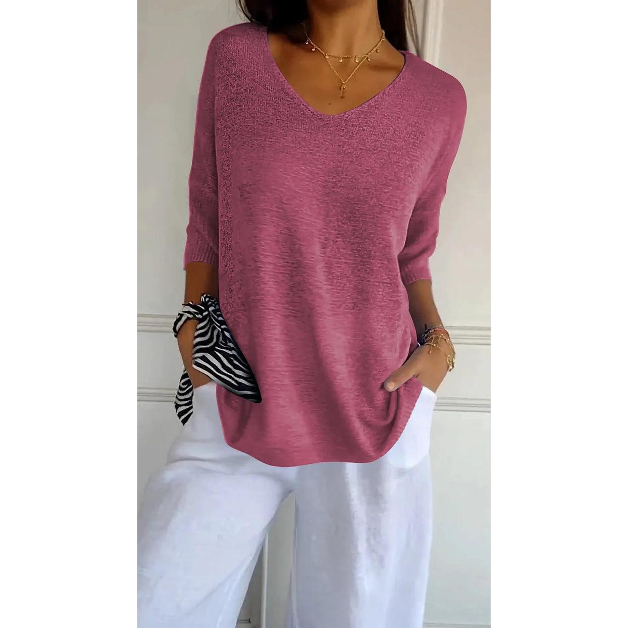 Lucille | Damen Stricktop Mit V-Ausschnitt Und Dreiviertelärmeln
