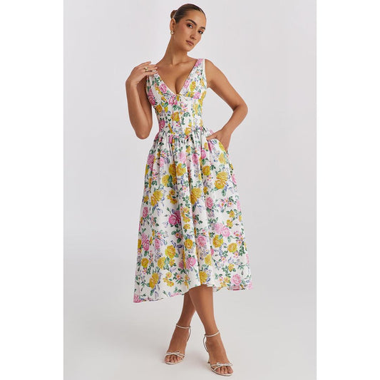 Aurora | Ärmelloses Blumen Midi Kleid Mit V-Ausschnitt