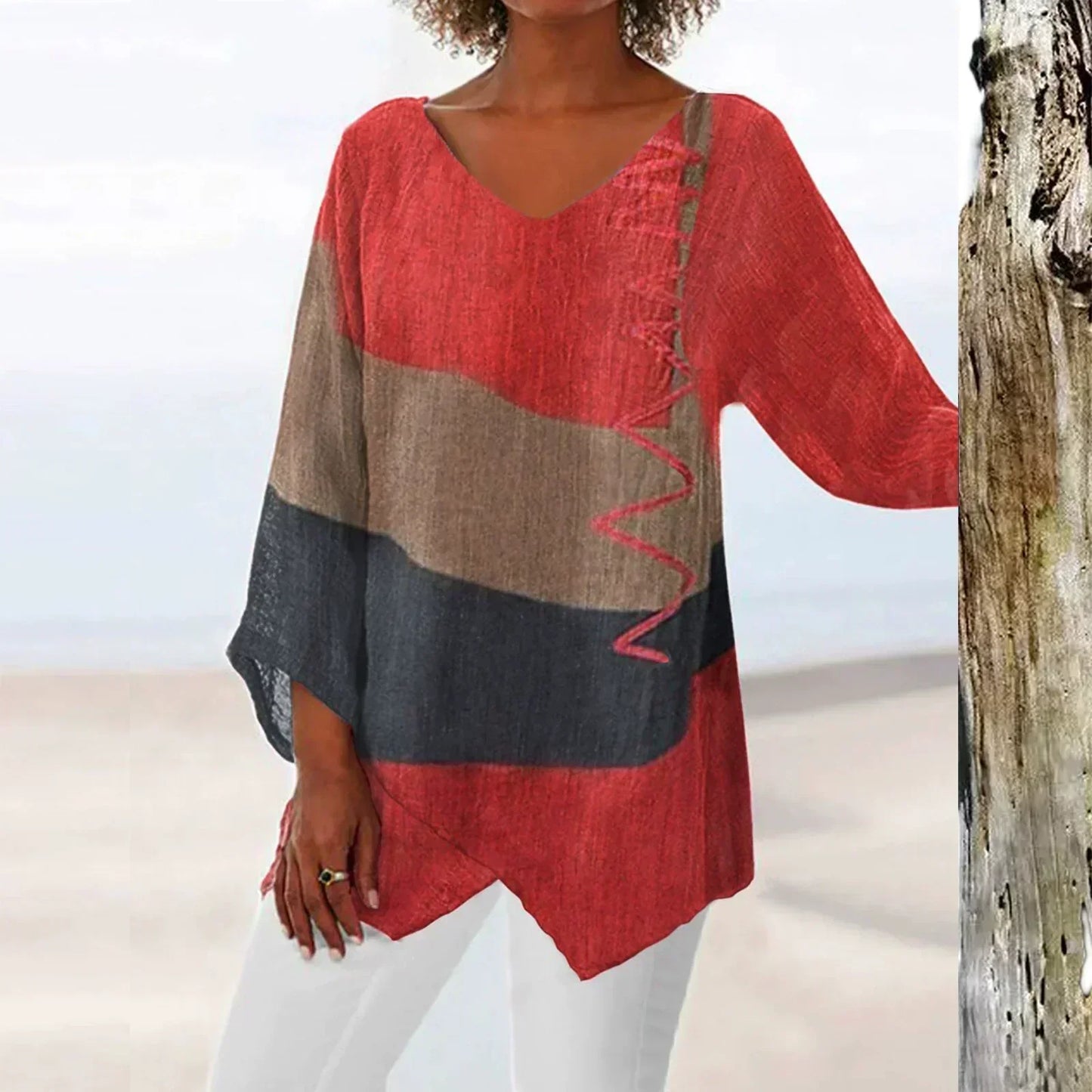 Jolene | Damen Zweifarbige Bluse Mit V-Ausschnitt