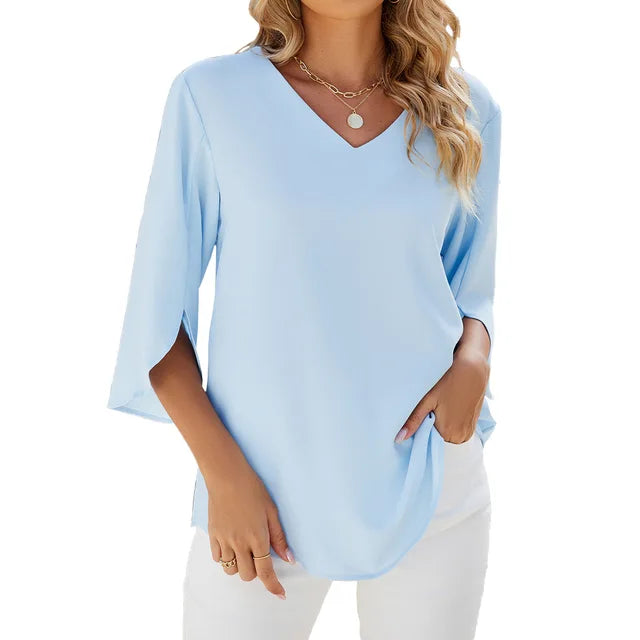 Kelsey | Damen Bluse Mit V-Ausschnitt Und Dreiviertelärmeln