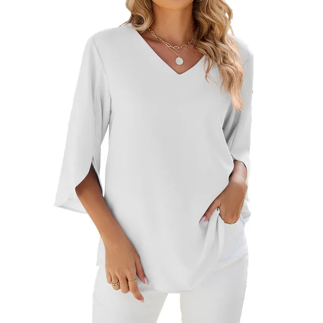 Kelsey | Damen Bluse Mit V-Ausschnitt Und Dreiviertelärmeln