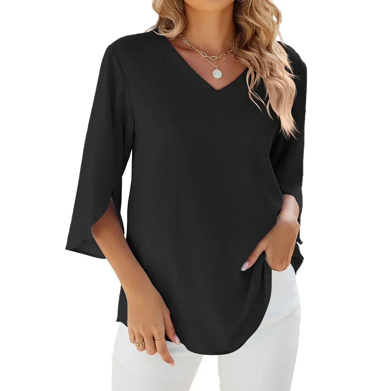 Kelsey | Damen Bluse Mit V-Ausschnitt Und Dreiviertelärmeln