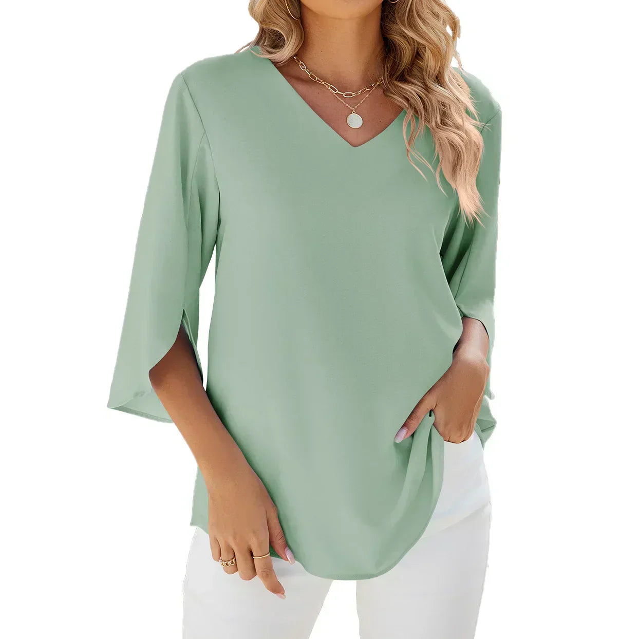 Kelsey | Damen Bluse Mit V-Ausschnitt Und Dreiviertelärmeln