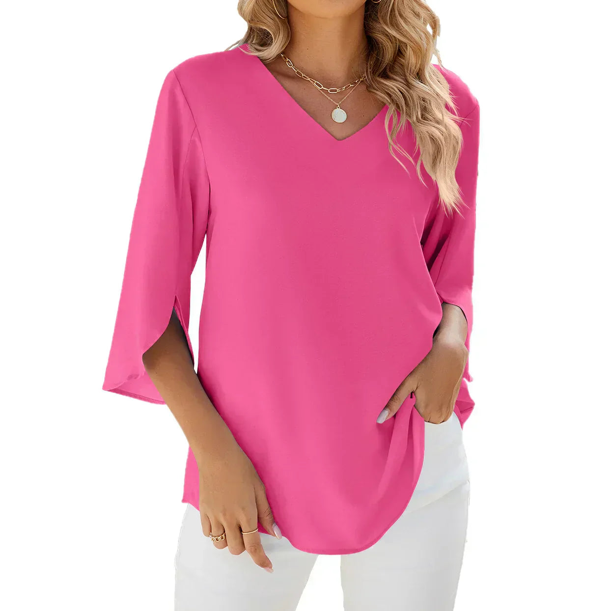 Kelsey | Damen Bluse Mit V-Ausschnitt Und Dreiviertelärmeln