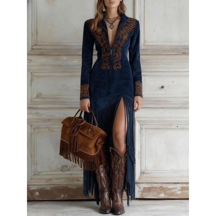 Celeste | Damen Langarm Maxi Kleid Mit Fransen