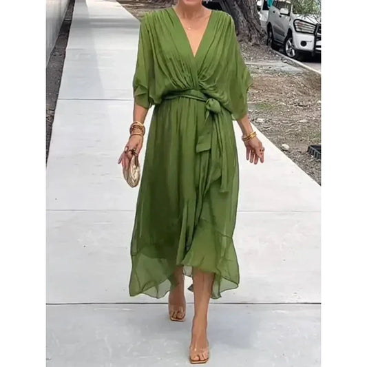 Celeste | V-Ausschnitt Midi Kleid Mit Drapierter Wickeltaille