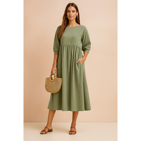 Marina | Damen Midikleid Mit Dreiviertelärmeln Und Seitentaschen