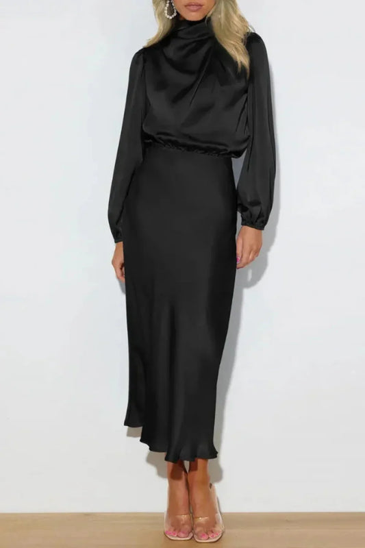 Audrey | Damen Satin Maxikleid Mit Hohem Kragen Und Langarm