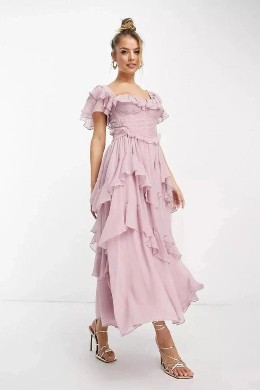 Daisy | Damen Schulterfreies Midikleid Mit Rüschen Und Lagen
