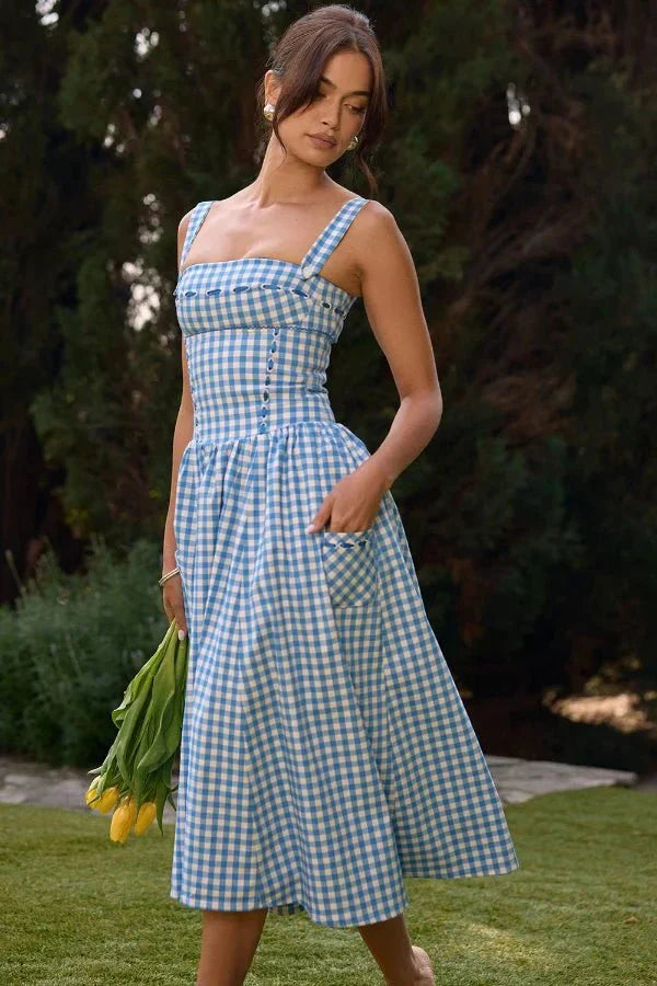 Mila | Damen Midikleid Mit Karomuster, Trägern Und Fronttaschen