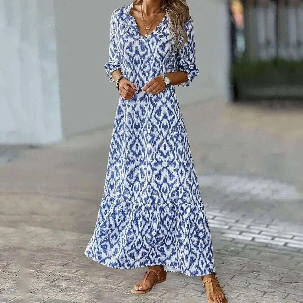 Zara | Damen Langes Kleid Mit V-Ausschnitt Und Geometrischem Print