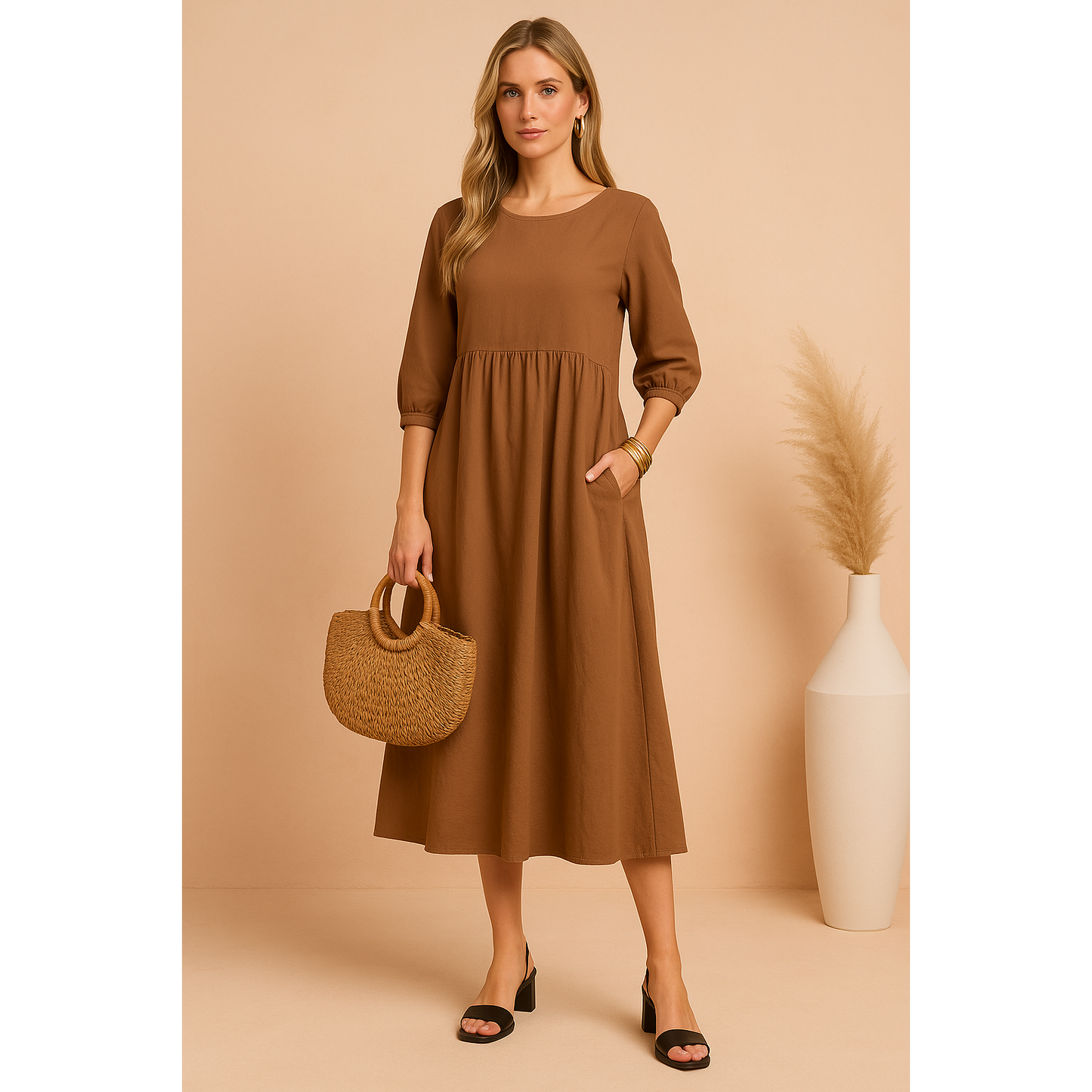 Marina | Damen Midikleid Mit Dreiviertelärmeln Und Seitentaschen