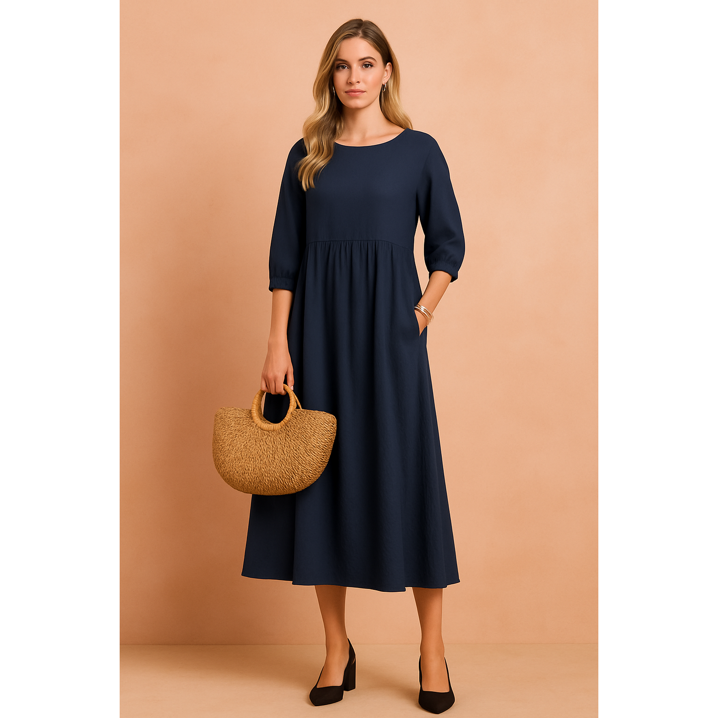 Marina | Damen Midikleid Mit Dreiviertelärmeln Und Seitentaschen