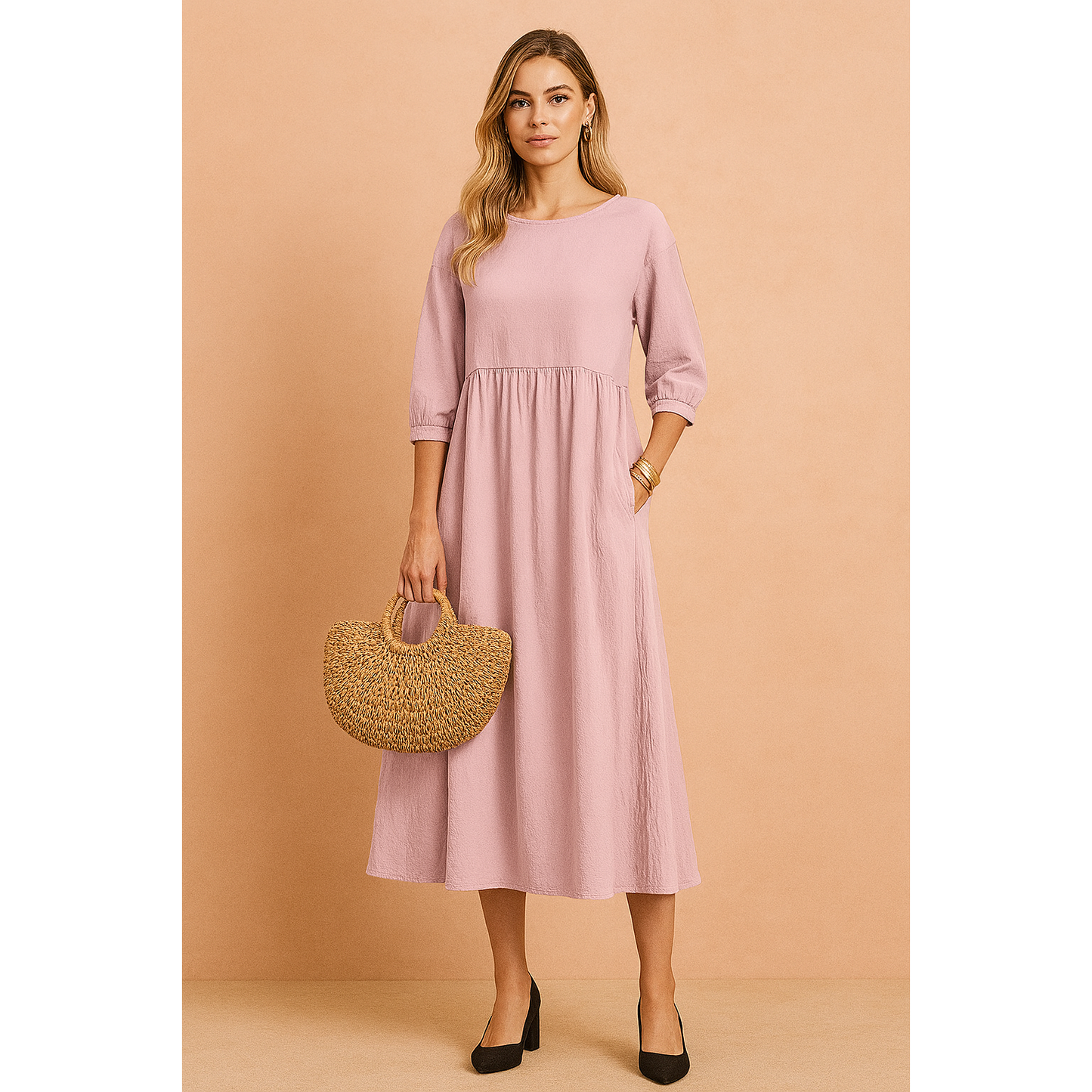 Marina | Damen Midikleid Mit Dreiviertelärmeln Und Seitentaschen