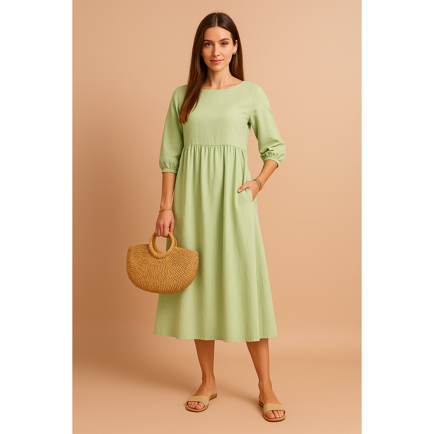 Marina | Damen Midikleid Mit Dreiviertelärmeln Und Seitentaschen
