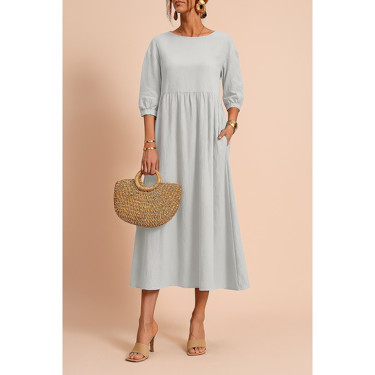 Marina | Damen Midikleid Mit Dreiviertelärmeln Und Seitentaschen