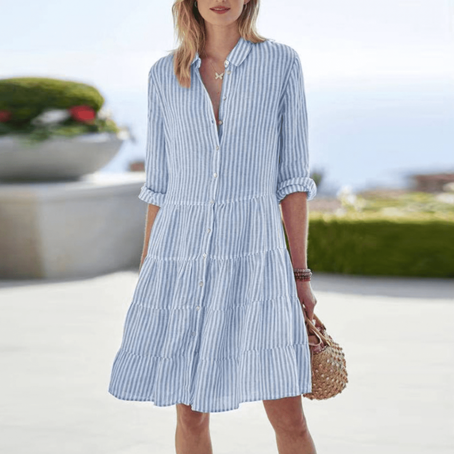 Ainsley | Damen Gestreiftes Hemdblusenkleid Mit Knopfleiste