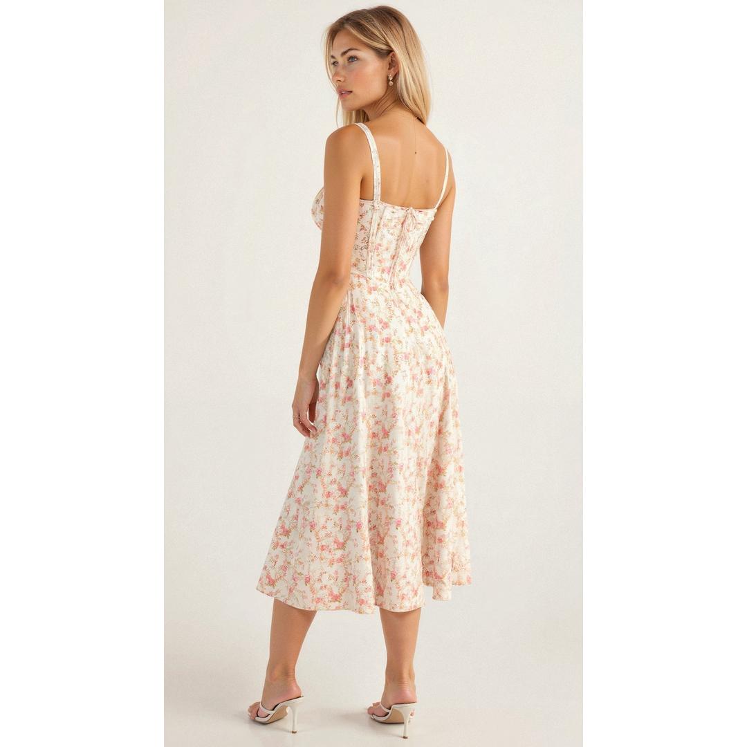 Anastasia | Blumen Corsagen Midi Kleid Mit Strukturierter Passform