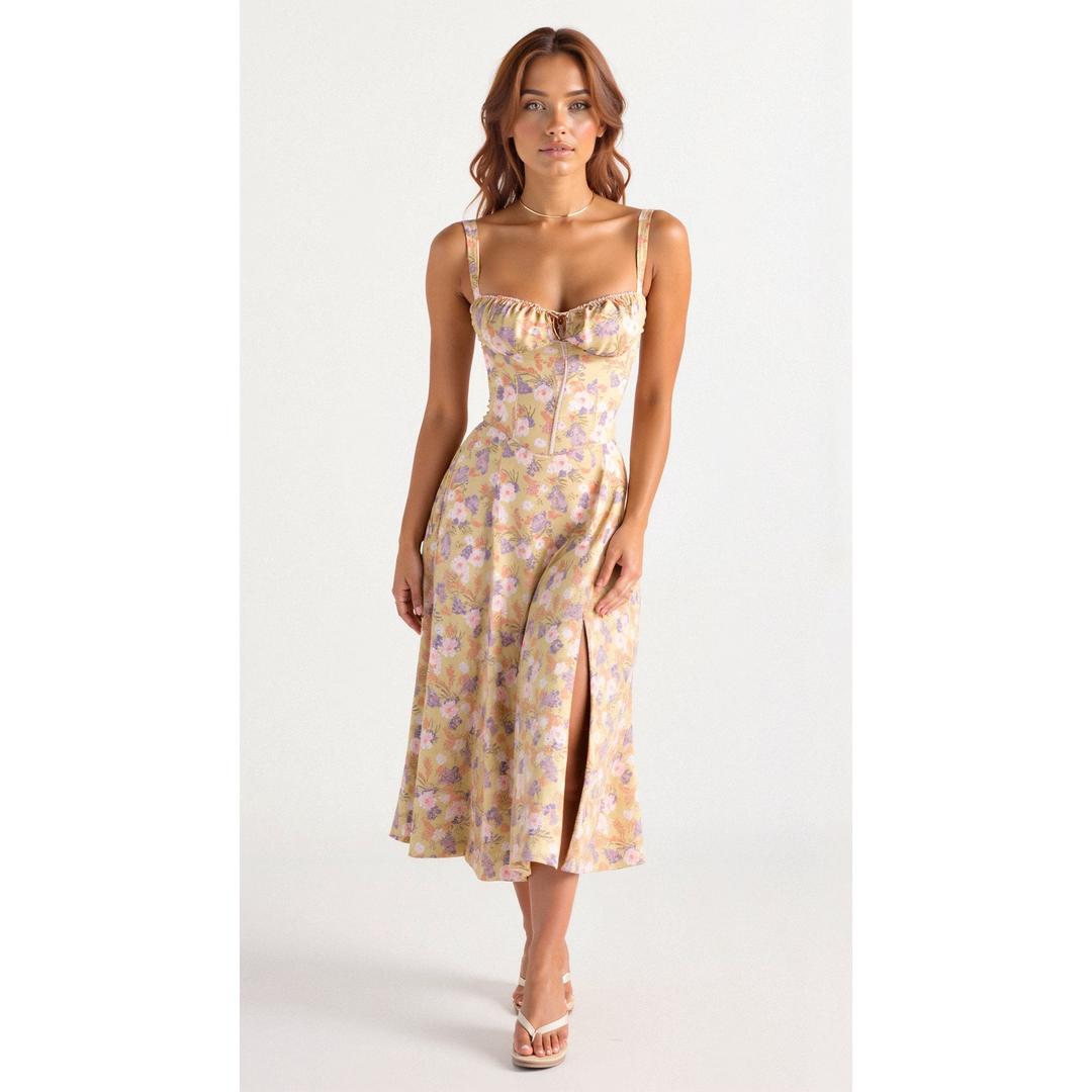 Anastasia | Blumen Corsagen Midi Kleid Mit Strukturierter Passform