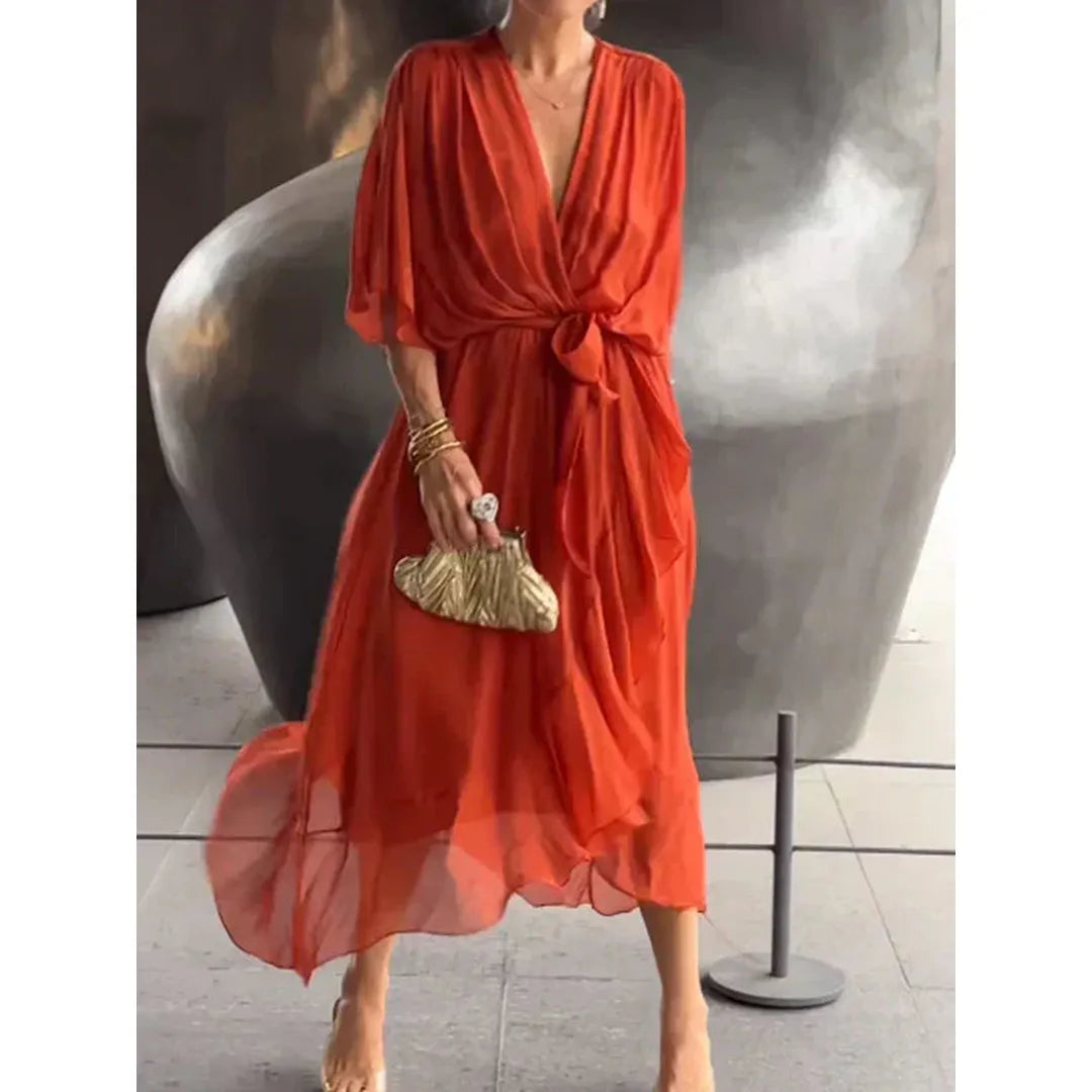 Celeste | V-Ausschnitt Midi Kleid Mit Drapierter Wickeltaille